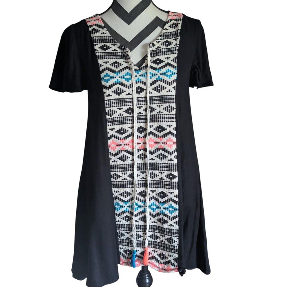 Judith March S Black Tunic Dress with Colorful Geometric Embroidered Panel